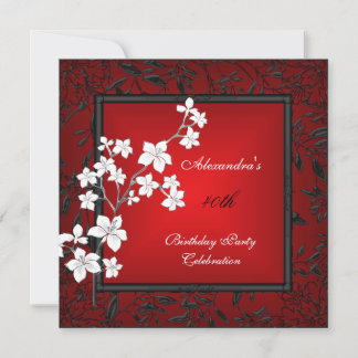 40. Geburtstag Asiatisch Red Black Floral Silver W Einladung
