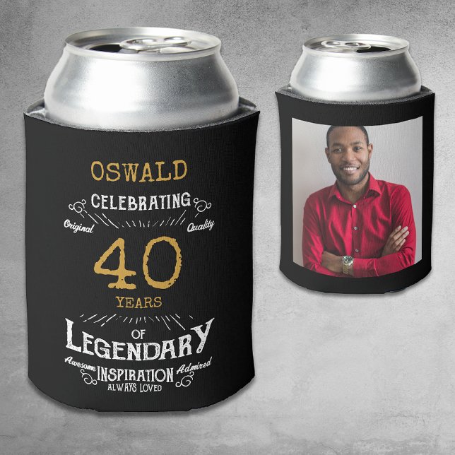 40. Geburtstag Black Gold Legendary Foto Dosenkühler (A personalized elegant 40th birthday can cooler that is easy to customize)
