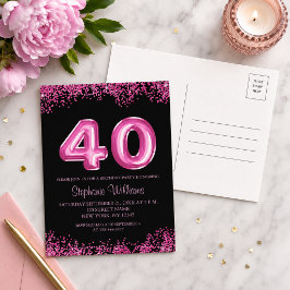 40. Geburtstag Black Pink Balloons Glitzer Party Einladungspostkarte