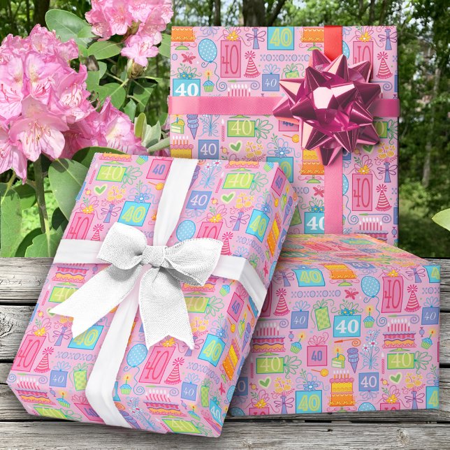 40. Geburtstag Blumenkuchen-Balloons Hut präsentie Geschenkpapier (Von Creator hochgeladen)