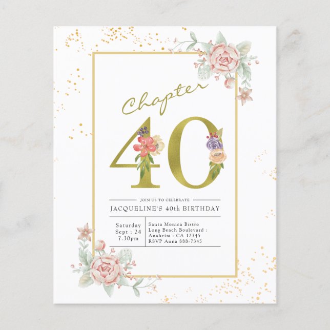 40. Geburtstag Blumenschrift Gold-Script-Einladung Flyer (Vorne)