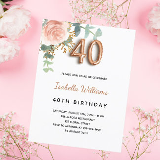40. Geburtstag Blumenstrauß Rose Goldbarsch Eukaly Einladungspostkarte