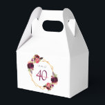 40. Geburtstag bordeauxfarbene Blumen geometrisch  Geschenkschachtel<br><div class="desc">Elegant und glamourös für ein 40. Party. Vorder- und Rückseite: Ein schick weißer Hintergrund mit einem geometrischen Rahmen aus Imitaten. Die Einrichtung besteht aus dunklen, lila und bordeauxfarbenen Blume, Rose und Boho-Federn. Der Name wird mit einem rosa handgeschriebenen Stilskript geschrieben. Das Datum wird mit schwarzen Zahlen geschrieben und das Alter...</div>