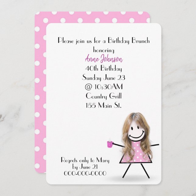 40. Geburtstag Brunch Strichfigur-Mädchen Einladung (Vorne/Hinten)