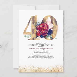 40. Geburtstag Burgundy Red and Navy Blue Einladung