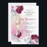 40. Geburtstag Champagner Glass Floral Geburtstag Einladung<br><div class="desc">Eine elegante 40. Geburtstagseinladung mit einem Blumengläser,  rosa und bordeauxfarbenen Blumenmustern und einem Aquarellspülhintergrund in rosa Tönen mit elegantem Schriftmarkennamen. Stilvoll und modern. Geburtstag mit Champagner zum Thema Toast.</div>