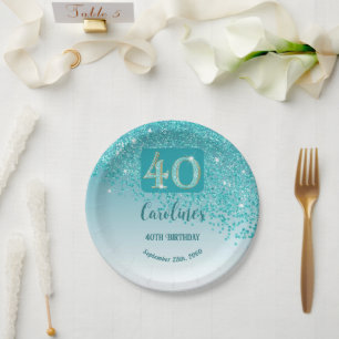 40. Geburtstag Chic Falling Aquamarin Blue Glitzer Pappteller