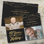 40. Geburtstag Dann & Jetzt Fotos String Lights Einladung<br><div class="desc">Laden Sie Ihre Gäste mit dieser 40. Geburtstagsfeier-Party Einladung in Schwarz und Gold mit Streichelleuchten ein, die ein Retro-Typografie-Design mit 40 JAHREN im MAKING-Design darstellen, das ihr Geburtsjahr in das Design einbindet. Beinhaltet DANN und JETZT Fotos für eine lustige Einladung. Party Einladung Details sind auf der Rückseite. HILFE: Für Hilfe...</div>