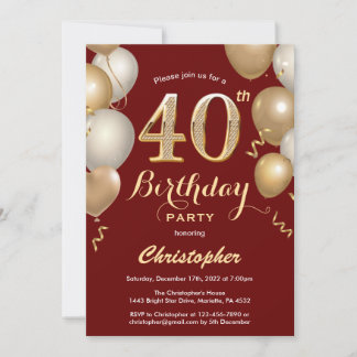 40. Geburtstag Dunkelrot und Gold Balloons Confett Einladung