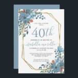 40. Geburtstag Dusty Blue Floral Einladung<br><div class="desc">Eine üppige Aquarellfarbe staubblauer Rost Blütenblüte 40. Geburtstagseinladung mit goldenem Rahmen. Solid staubig blau auf der Rückseite der Einladung. Eine üppige und hübsche Aquarellgestaltung.</div>