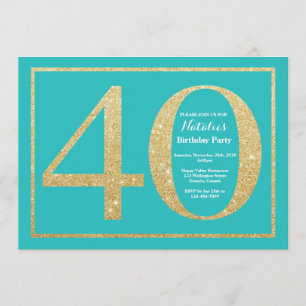 40. Geburtstag Einladung Aquamarin und Gold Glitze