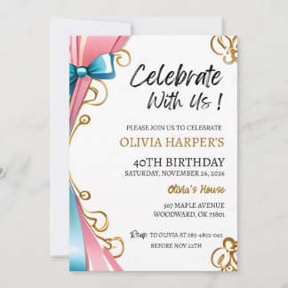 40. Geburtstag Einladung mit rosa & blauen Ribbons