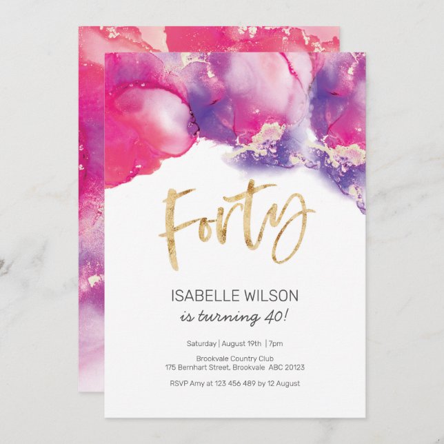 40. Geburtstag Einladung Rosa Abstrakte Wasserfarb (Vorne/Hinten)