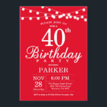 40. Geburtstag Einladung Rot<br><div class="desc">40. Geburtstag Einladung mit String Lights. Roter Hintergrund 13. 15. 16. 18. 20. 21. 30. 40. 50. 60. 70. 80. 90. 100. Jegliches Alter. Für weitere Anpassungen klicken Sie bitte auf die Schaltfläche "Anpassen" und verwenden Sie unser Designwerkzeug,  um diese Vorlage zu ändern.</div>