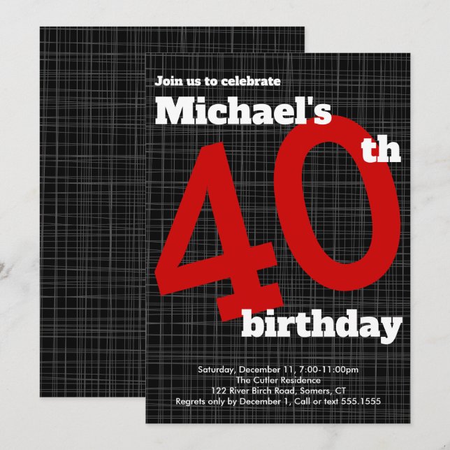 40. Geburtstag Einladung Schwarz mit rotem Akzent, (Vorne/Hinten)