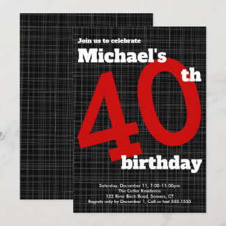40. Geburtstag Einladung Schwarz mit rotem Akzent,