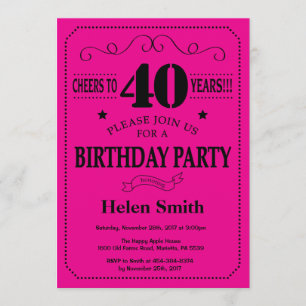 40. Geburtstag Einladung Schwarz und Heiß Rosa