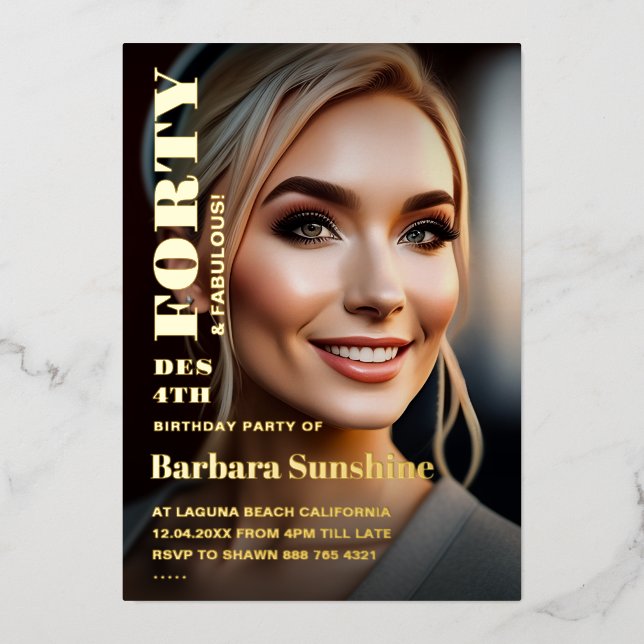 40. Geburtstag Elegant Modern Magazine Gold Folieneinladung (Vorderseite)