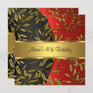 40. Geburtstag Elegant Red Gold Floral Black Einladung
