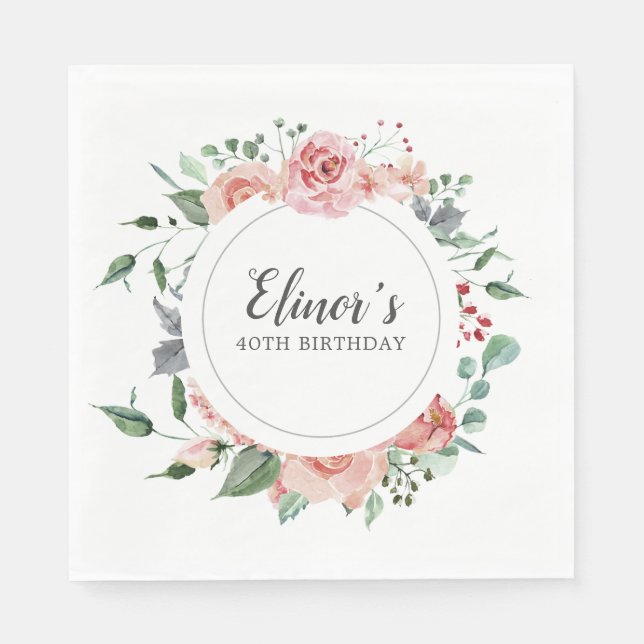 40. Geburtstag Elegant Rosa Rose Blumen Serviette (Vorderseite)