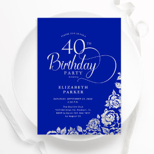 40. Geburtstag Elegant Royal Blue Silver Rose Einladung