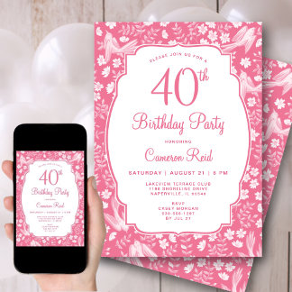 40. Geburtstag Eleganter Rosa Floral Femininer Vog Einladung