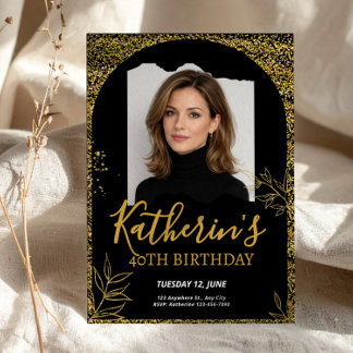40. Geburtstag Elegantes Foto Schwarz & Gold Einladung