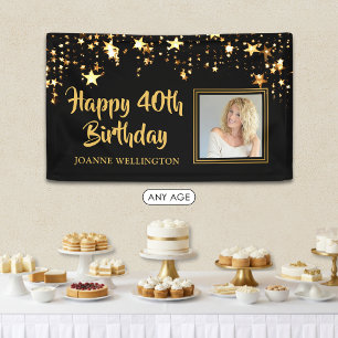 40. Geburtstag Foto Black Gold Stars Personalisier Banner