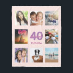 40. Geburtstag Foto Collage Rose Gold Rosa Fleecedecke<br><div class="desc">Ein Geschenk für den 40. Geburtstag einer Frau, die ihr Leben mit einer Collage von 8 Fotos ihrer Freunde, Familie, Interesse oder Haustiere feiert. Personalisieren und fügen Sie ihren Namen, Alter 40 und ein Datum. Geburtsdatum oder Geburtsdatum der Geburtstagsparty. Rosa und lila Buchstaben. Girly und trendige Rose Gold, rot Rosa...</div>