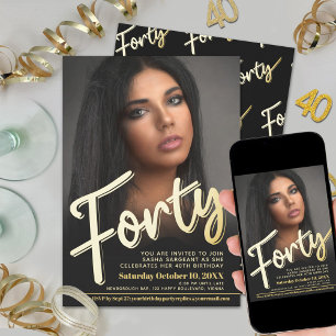 40. Geburtstag Foto-Drehbuch in Goldfarben Einladung