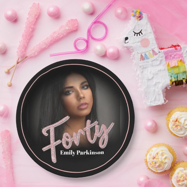 40. Geburtstag Foto Skript Rose rosa benutzerdefin Pappteller (Party)