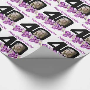 40. Geburtstag Foto Spaß Mono und violette Blumen Geschenkpapier