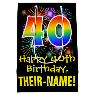 40. Geburtstag: Fun Fireworks Muster + Regenbogen  Mittlere Geschenktüte