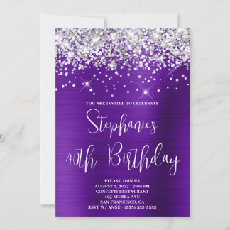 40. Geburtstag Funkelnd Silver Glitzer Lila Satin Einladung