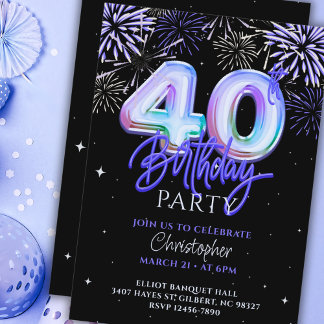 40. Geburtstag für Ihm Blue Fireworks Foil Ballon Einladung
