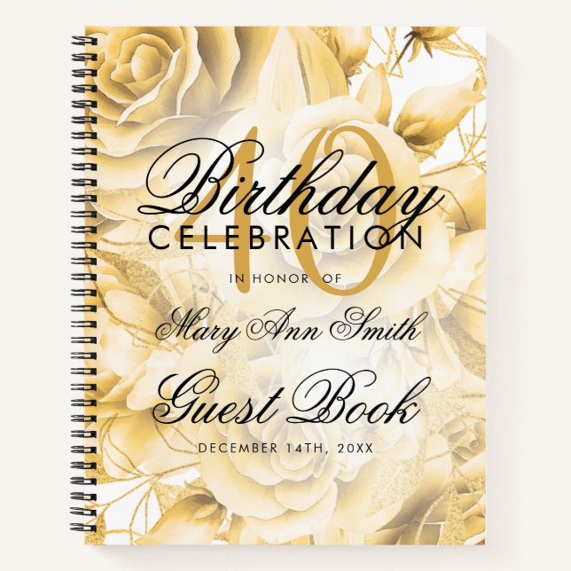 40. Geburtstag Gästebuch Party Floral Gold Notizbuch (Vorderseite)
