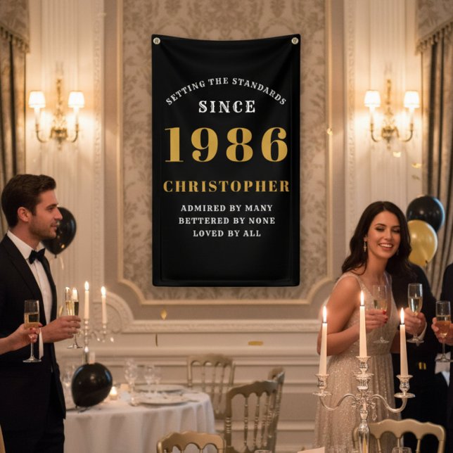 40. Geburtstag Geboren 1984 Name Schwarz Gold hinz Banner (40th birthday banner in a ballroom.)