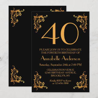 40. Geburtstag Glam Modern Gold Black Vintag Retro Einladung