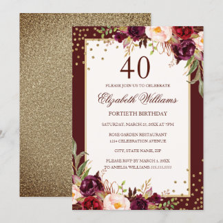 40. Geburtstag Gold Burgund Blumen Einladung