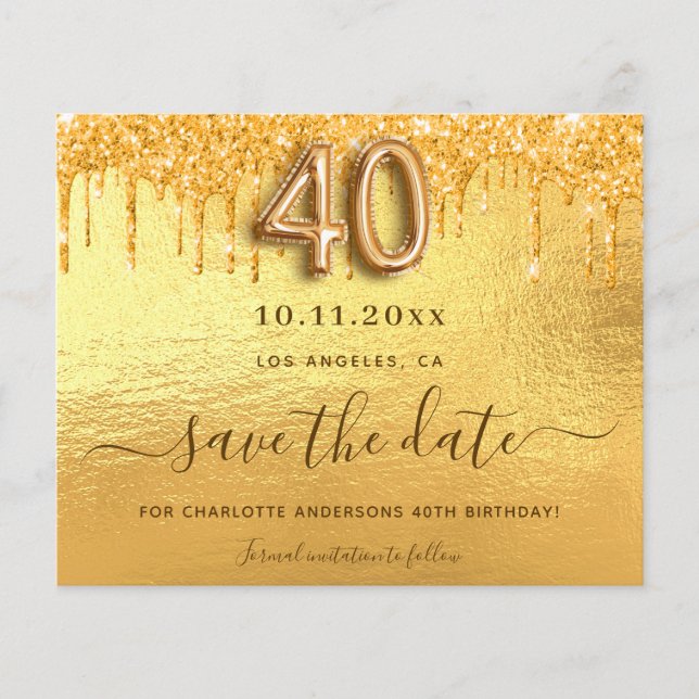 40. Geburtstag Gold Glitzer Save the Date (Vorderseite)