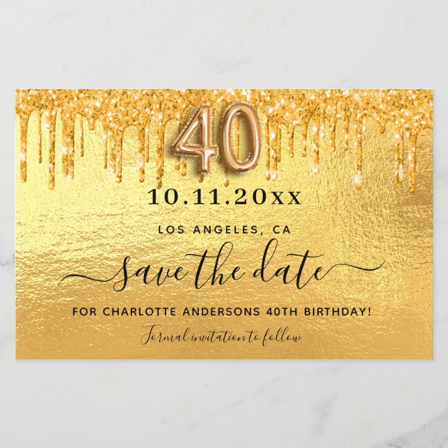 40. Geburtstag Gold Glitzer Save the Date (Vorderseite)