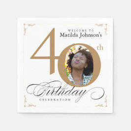 40. Geburtstag Gold Weißkalligrafie Custom Foto Serviette