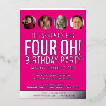 40. Geburtstag Grafik rosa Goldfolie Foto Kreisen Folieneinladung<br><div class="desc">Fett einfache Grafik hell heiß rosa, und Silberfolie oder Ihre eigene Folie Farbe Foto Vorlage 40. große vier oh Geburtstag Einladung. Personalisieren Sie diese Meilenstein-Geburtstagseinladung mit Ihren eigenen Geburtstagsfeierdetails und vier Fotos Ihres Geburtstagsmädchens in den Fotos für jedes Jahrzehnt. Andere Jahre Farben und passende Artikel sind verfügbar. © Original Design...</div>