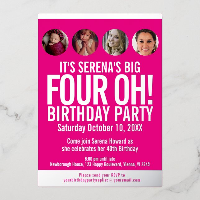 40. Geburtstag Grafik rosa Goldfolie Foto Kreisen Folieneinladung (Vorderseite)