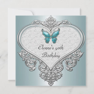 40. Geburtstag Herz Weiches Teal Blau Schmetterlin Einladung
