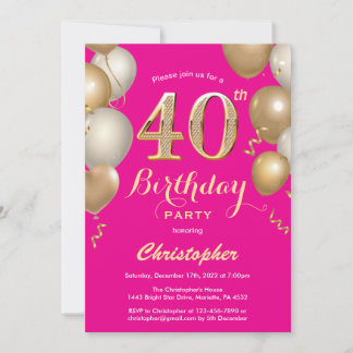 40. Geburtstag Hot Pink und Gold Balloons Confetti Einladung