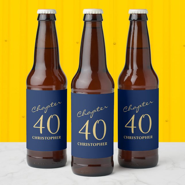 40. Geburtstag Kapitel 40 Blue Gold Bierflaschenetikett (Personalized 40th birthday beer bottle labels. Unique blue and gold design)