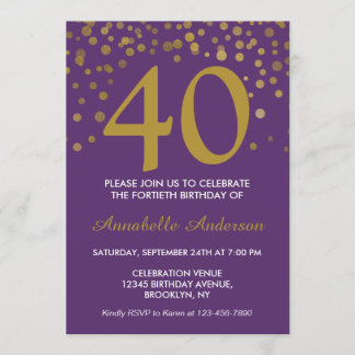 40. Geburtstag Lila Gold Moderne Confetti Dots Einladung