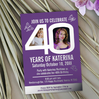 40. Geburtstag lila Silberfolie Foto Schmetterling Folieneinladung