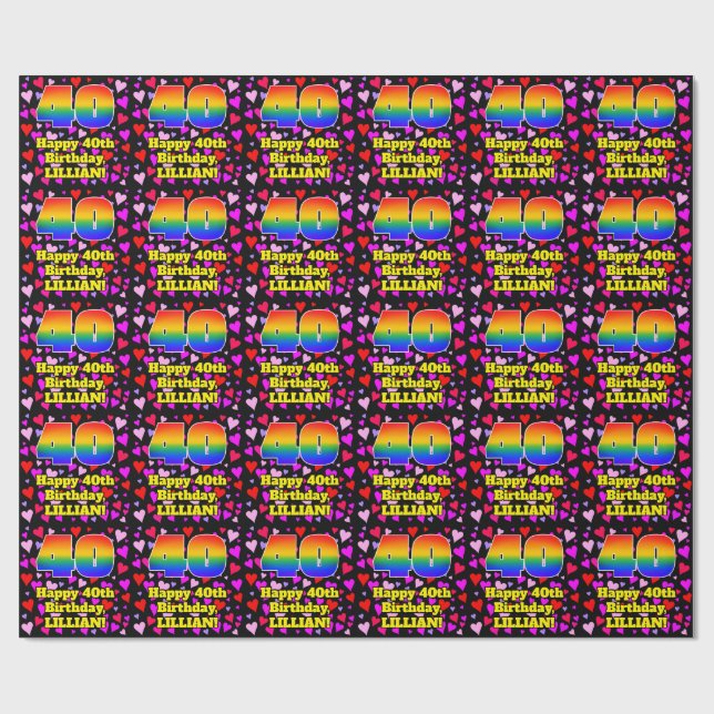 40. Geburtstag: Loving Hearts Pattern, Regenbogen  Geschenkpapier (Flach)
